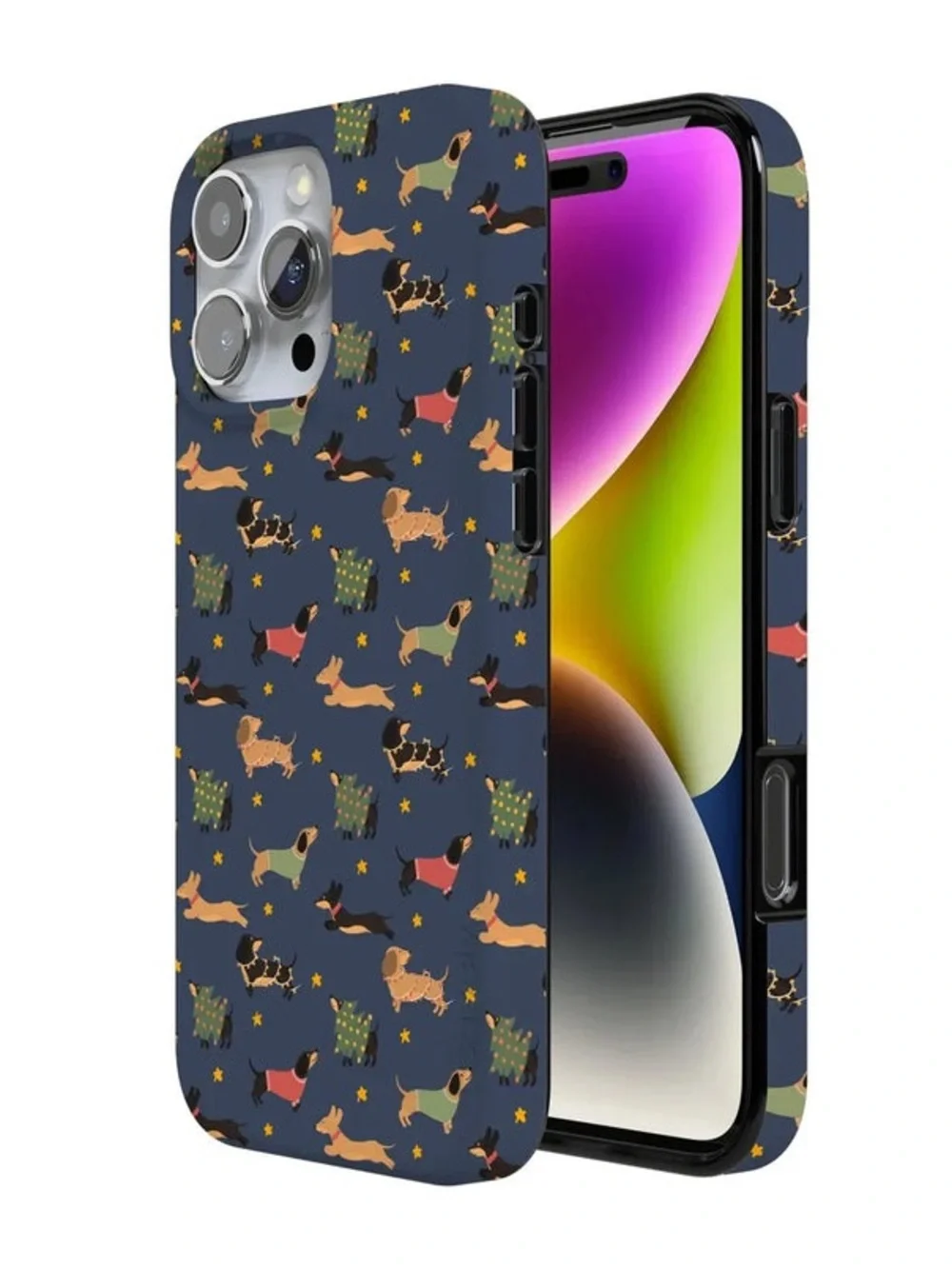 iPhone 15 pro dachshund case, holiday theme, doxies, wiener dog, Christmas